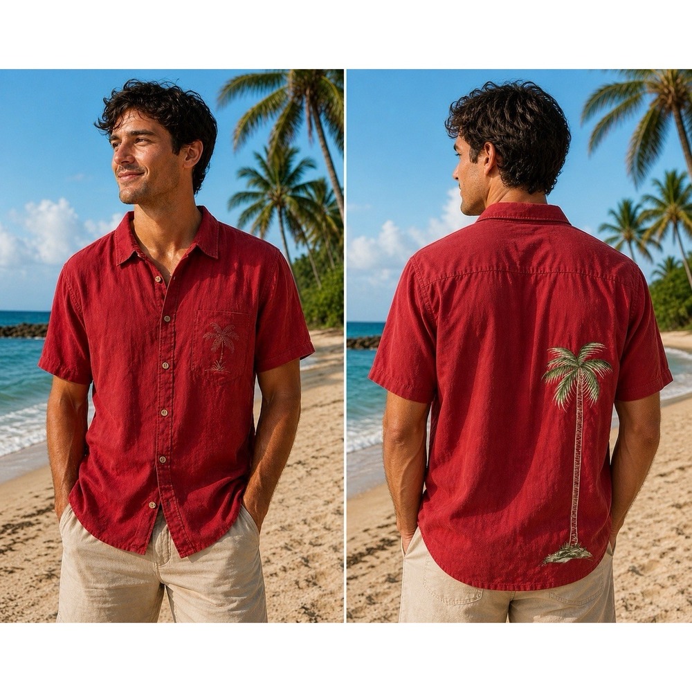 BAMBOO CAY Large Red Palm Tree Button Up Shirt- 2822